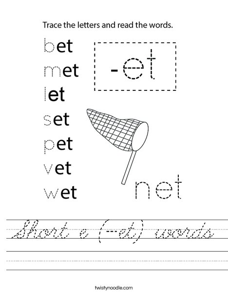 Short e (-et) words Worksheet