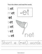 Short e (-et) words Handwriting Sheet