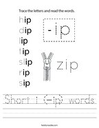 Short i (-ip) words Handwriting Sheet
