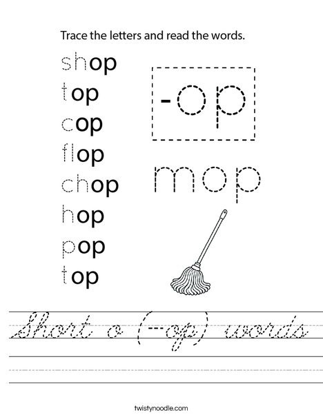 Short o (-op) words Worksheet