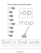 Short o (-op) words Handwriting Sheet