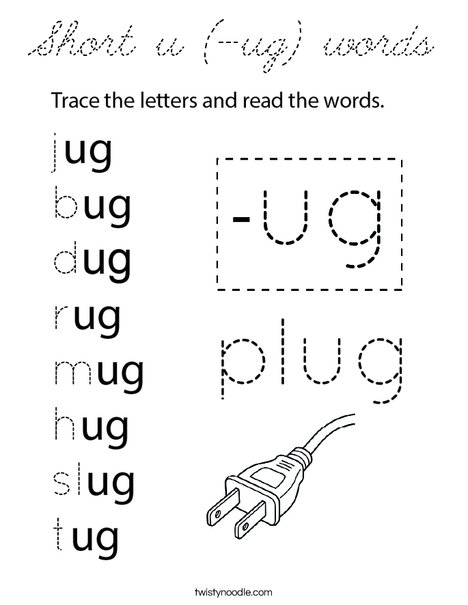Short u (-ug) words Coloring Page