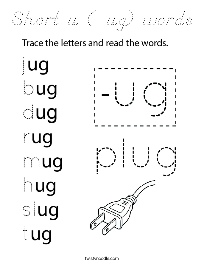 Short u (-ug) words Coloring Page