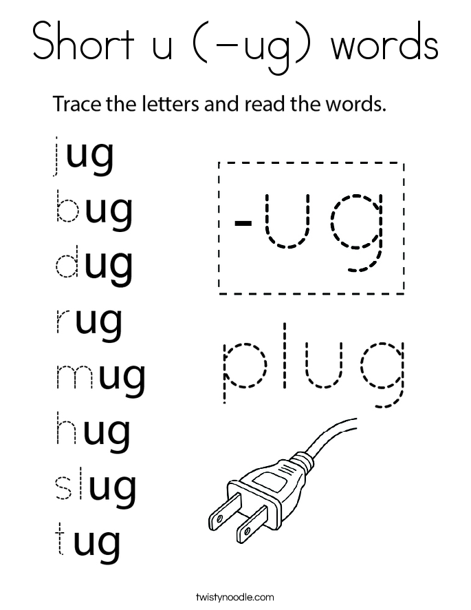 Short u (-ug) words Coloring Page
