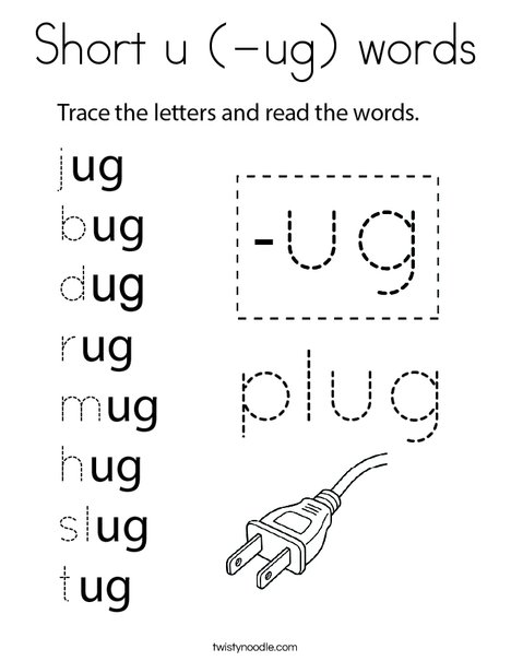 Short u (-ug) words Coloring Page