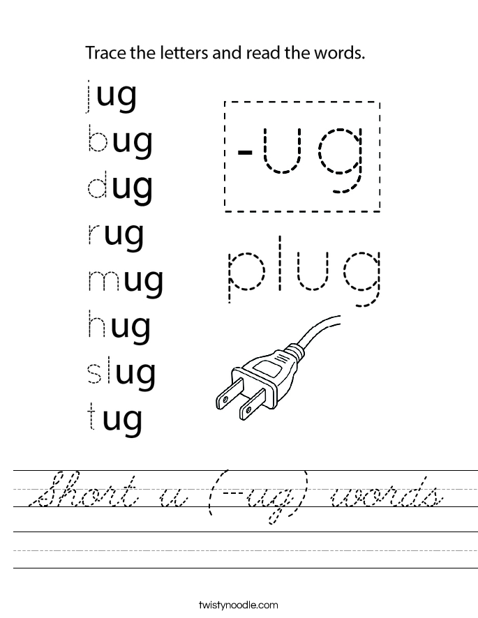 Short u (-ug) words Worksheet