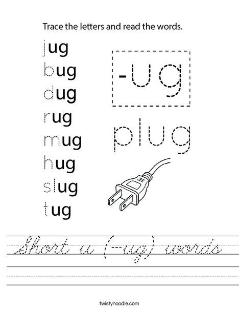 Short u (-ug) words Worksheet