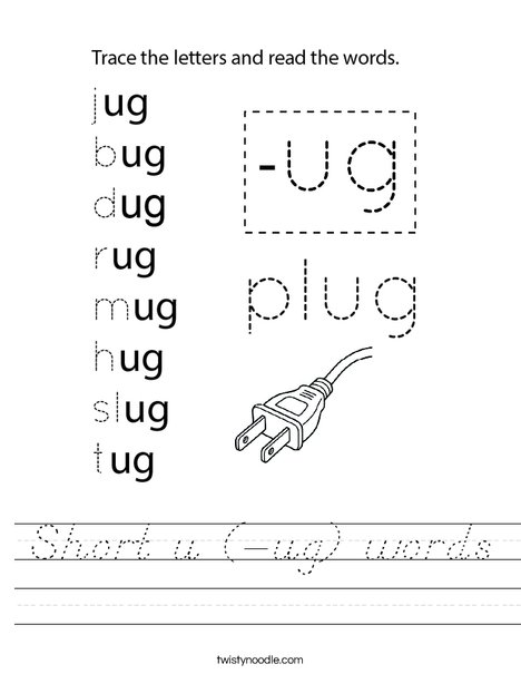 Short u (-ug) words Worksheet