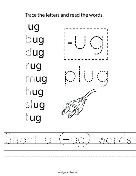 Short u (-ug) words Worksheet
