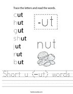 Short u (-ut) words Handwriting Sheet