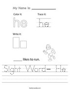 Sight Word- He Handwriting Sheet