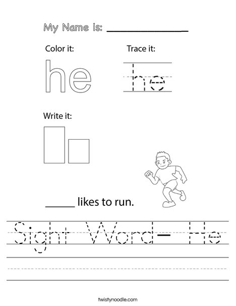 Sight Word He Worksheet Twisty Noodle Sight Word He Worksheet Twisty Noodle