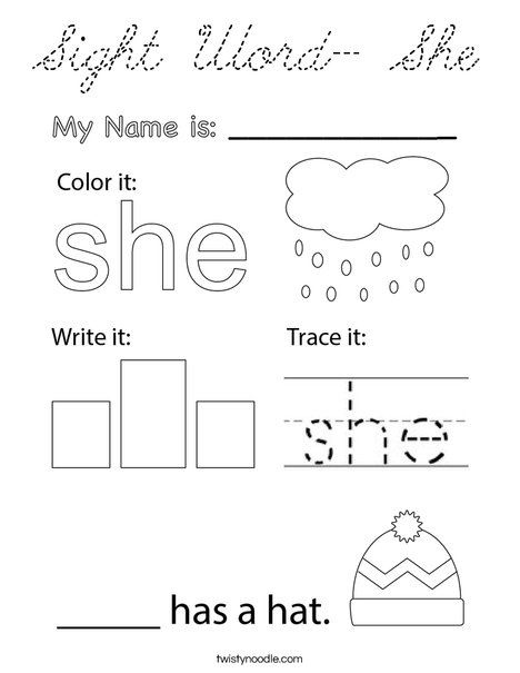 Sight Word- She Coloring Page