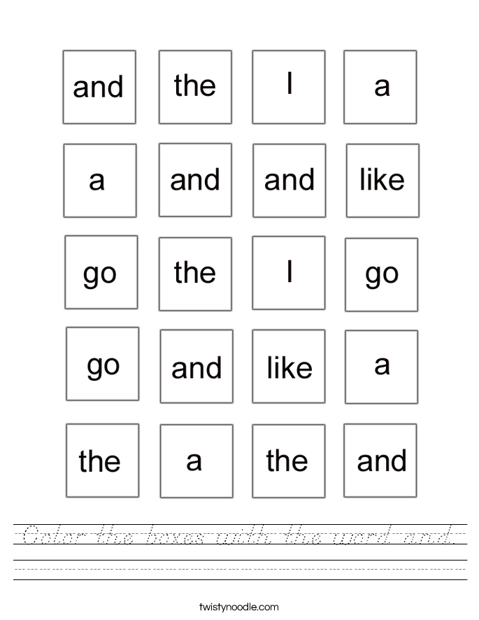 Color the boxes with the word and. Worksheet