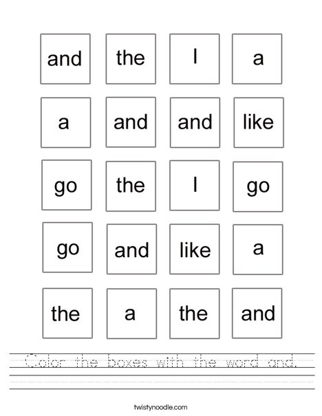 color the boxes with the word and worksheet twisty noodle