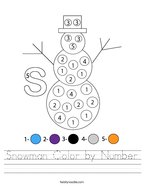 Snowman Color by Number Handwriting Sheet