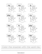 Color the snowmen with the word me Handwriting Sheet