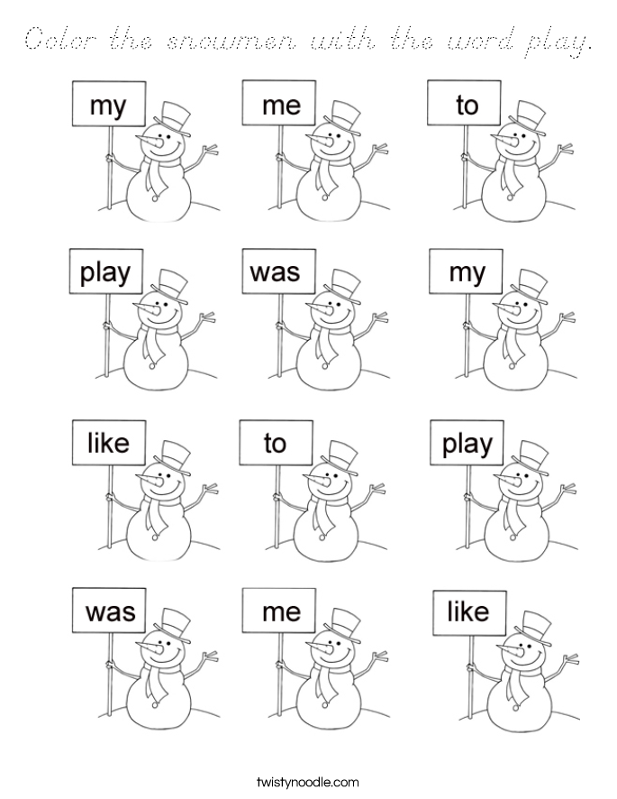 Color the snowmen with the word play. Coloring Page