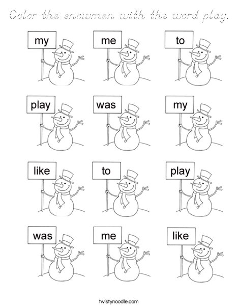 Snowman Sight Words Coloring Page