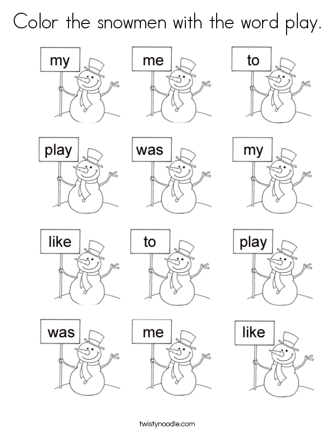 Color the snowmen with the word play. Coloring Page
