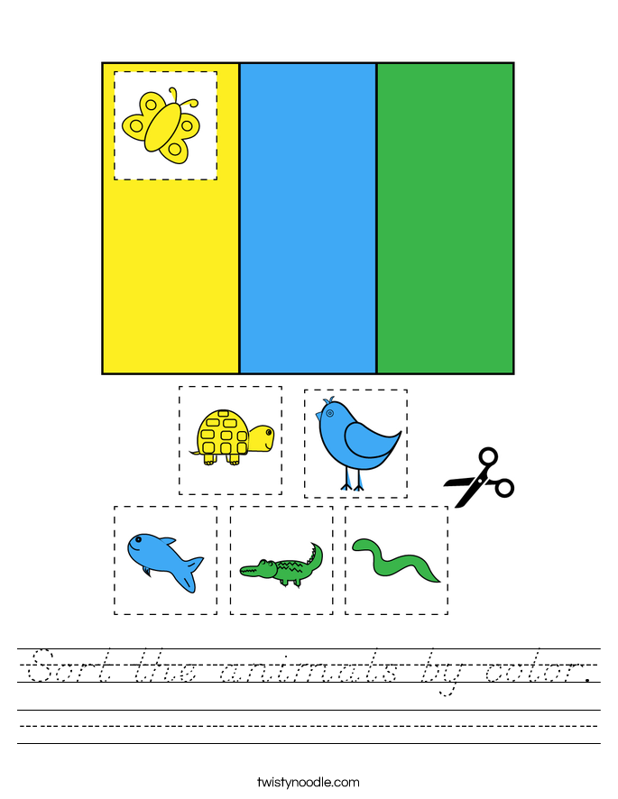 Sort the animals by color. Worksheet