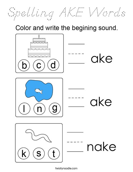 Spelling AKE Words Coloring Page