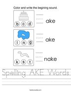 Spelling AKE Words Handwriting Sheet