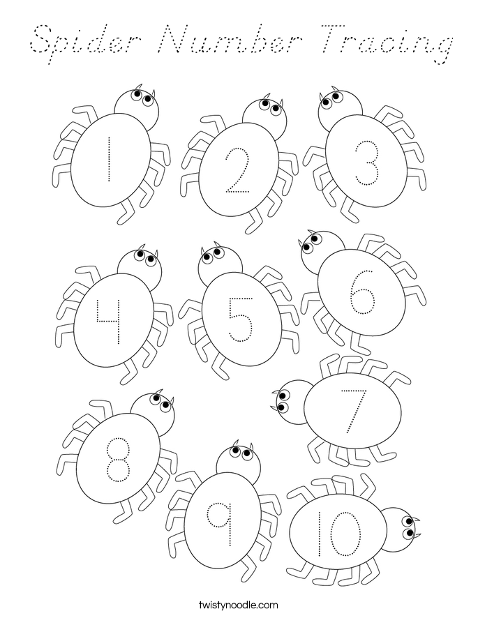 Spider Number Tracing Coloring Page - D'Nealian - Twisty Noodle