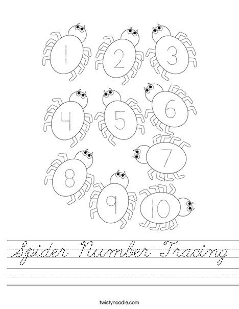 Spider Number Tracing Worksheet - Cursive - Twisty Noodle