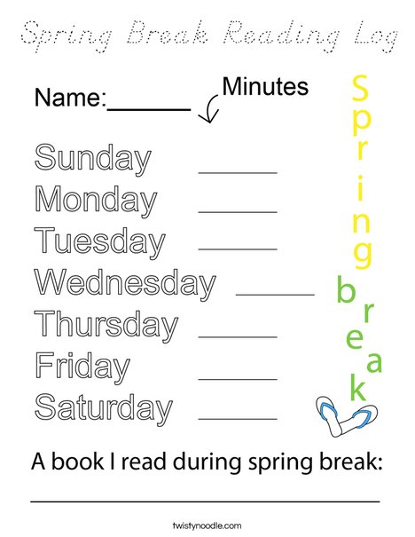 Spring Break Reading Log Coloring Page