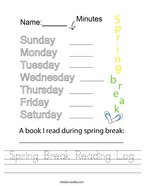 Spring Break Reading Log Handwriting Sheet