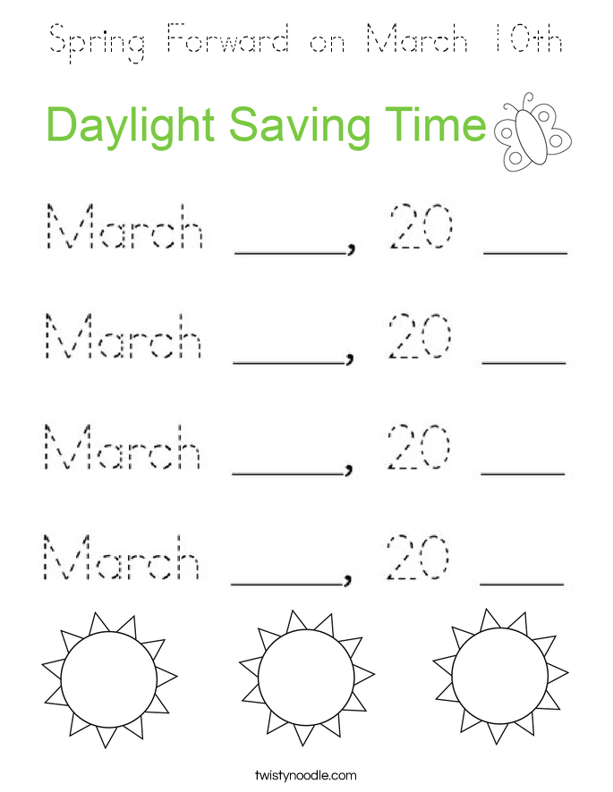 Spring Forward on March 10th Coloring Page