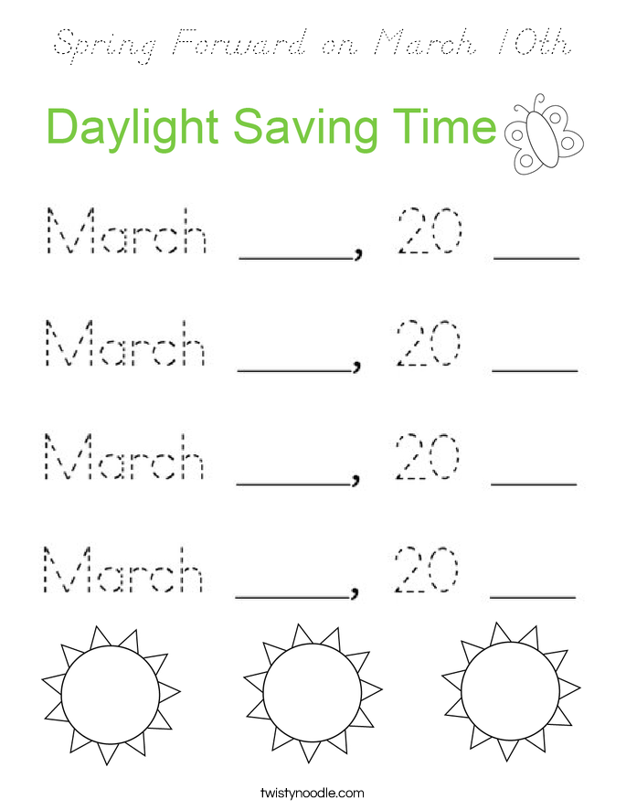 Spring Forward on March 10th Coloring Page