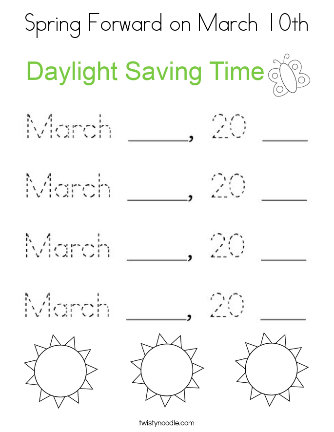 Spring Forward on March 10th Coloring Page