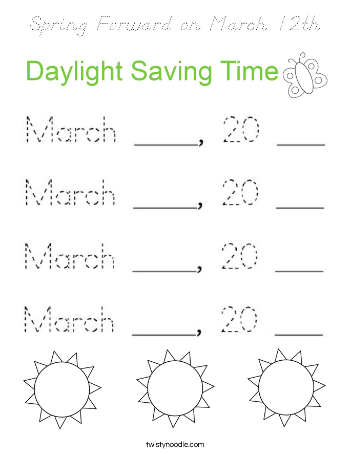 Spring Forward on March 12th Coloring Page