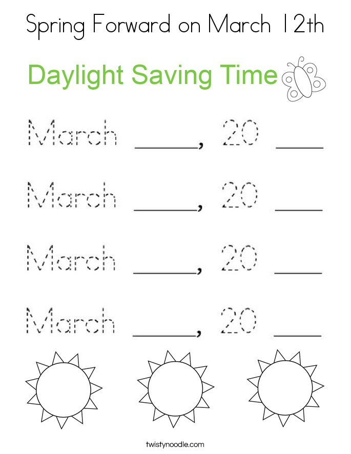 Spring Forward on March 12th Coloring Page