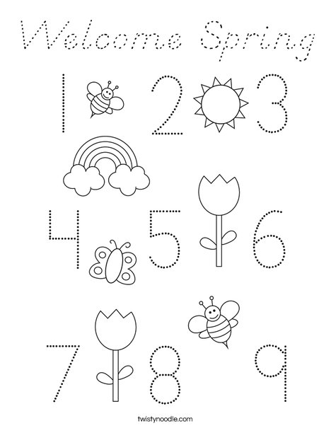 Spring Number Tracing Coloring Page