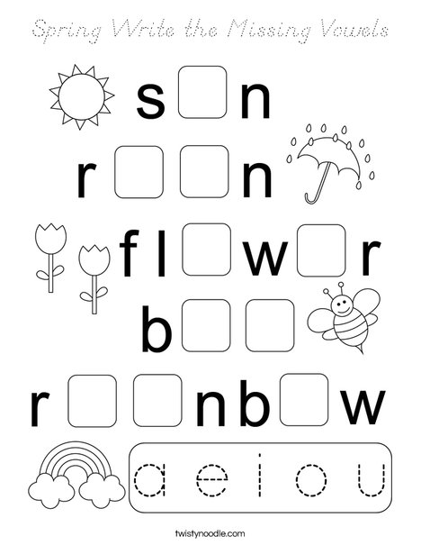 Spring Write the Missing Vowels Coloring Page