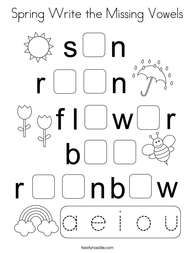 Spring Write the Missing Vowels Coloring Page