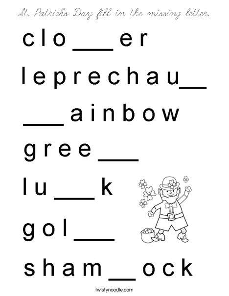 St Patrick's Day fill in the missing letter. Coloring Page