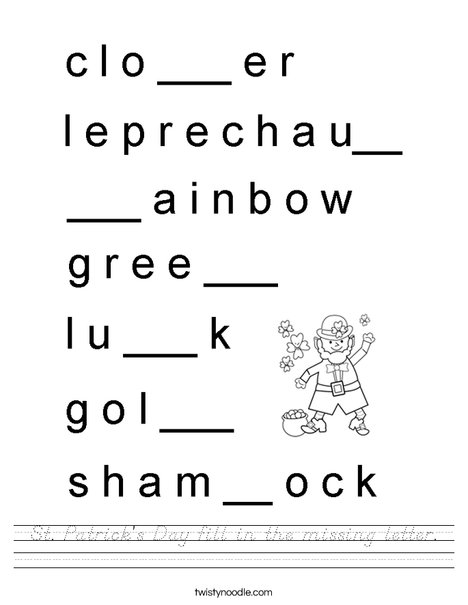 St Patrick's Day fill in the missing letter. Worksheet