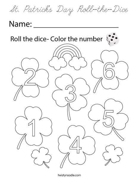 St Patrick's Day Roll-the-Dice Coloring Page - Cursive - Twisty Noodle