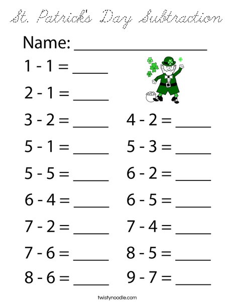 St Patrick's Day Subtraction Coloring Page