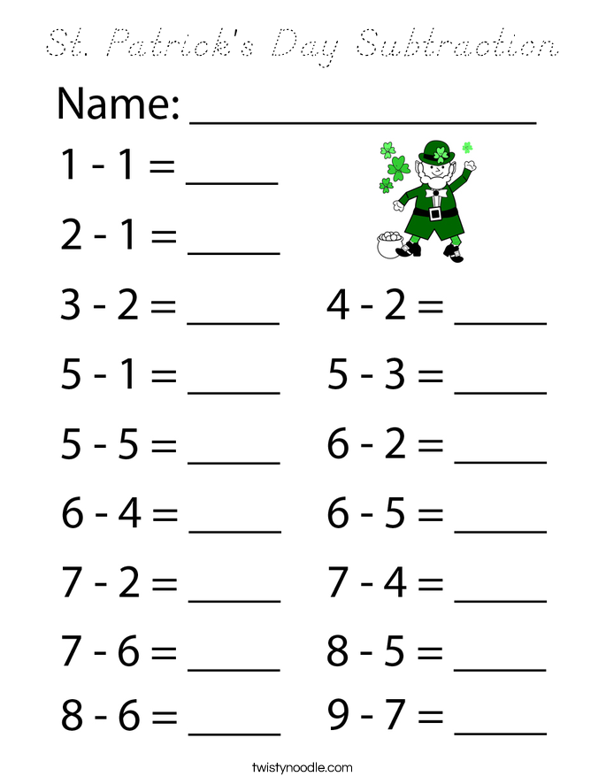 St. Patrick's Day Subtraction Coloring Page