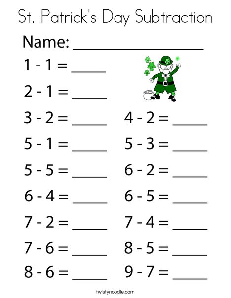 St Patrick's Day Subtraction Coloring Page
