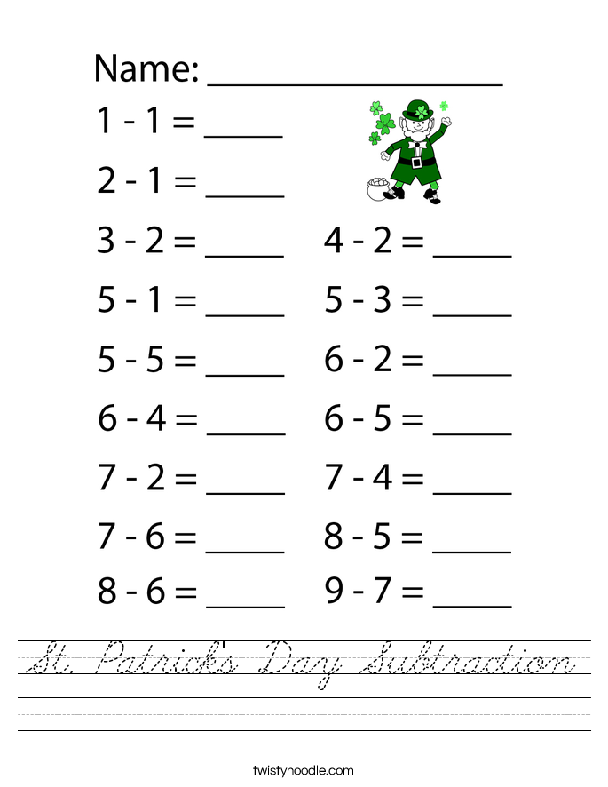 St. Patrick's Day Subtraction Worksheet