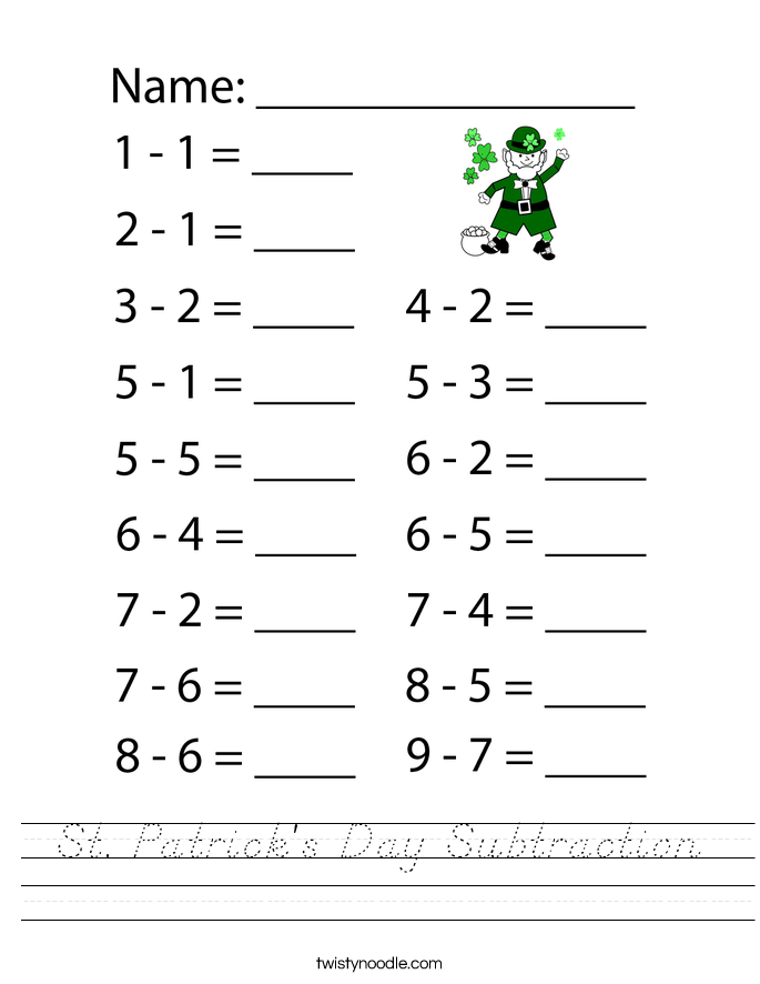 St. Patrick's Day Subtraction Worksheet