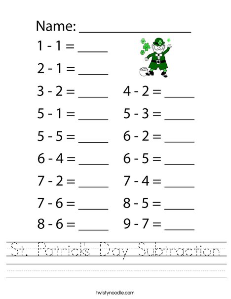 St Patrick's Day Subtraction Worksheet