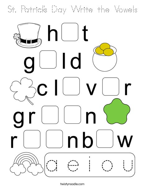 St. Patrick's Day Write the Vowels Coloring Page