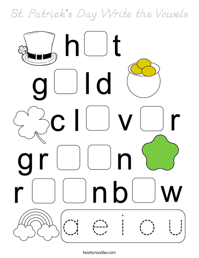St. Patrick's Day Write the Vowels Coloring Page